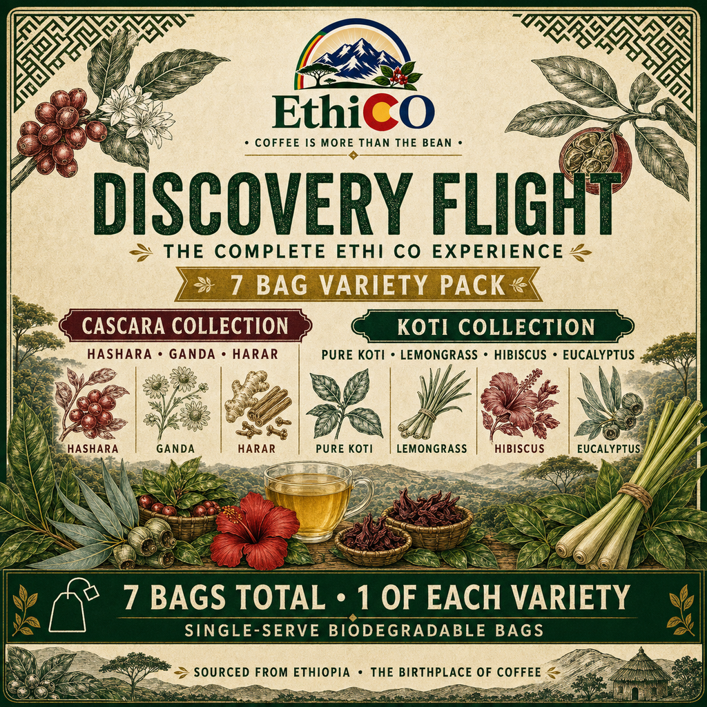 Ethi CO Discovery Flight, seven Ethiopian cascara and Koti infusion bags