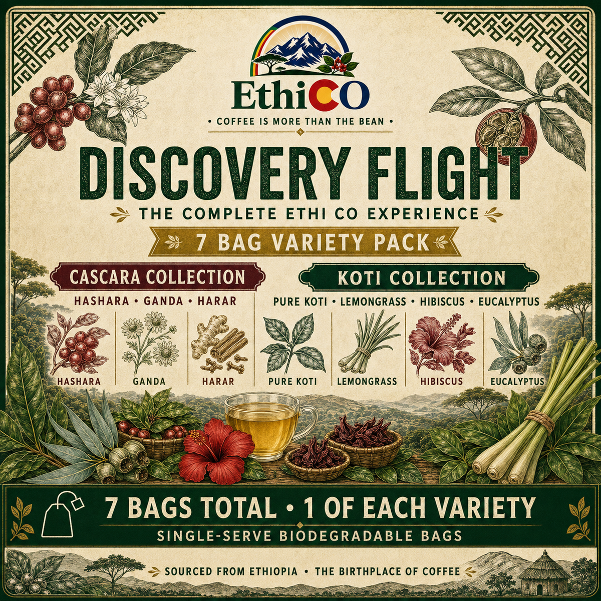 Ethi CO Discovery Flight, seven Ethiopian cascara and Koti infusion bags