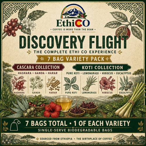 Ethi CO Discovery Flight, seven Ethiopian cascara and Koti infusion bags