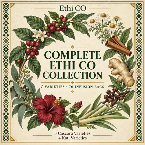 Complete Ethi CO Collection botanical illustration: 3 cascara varieties and 4 Koti varieties, 70 infusion bags.