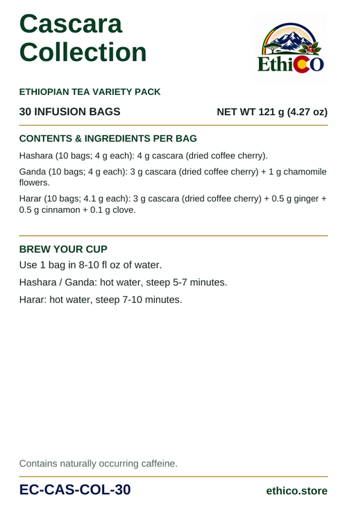 Cascara Collection back label: 30 infusion bags, net weight 121 g, SKU EC-CAS-COL-30, ingredients and brewing instructions