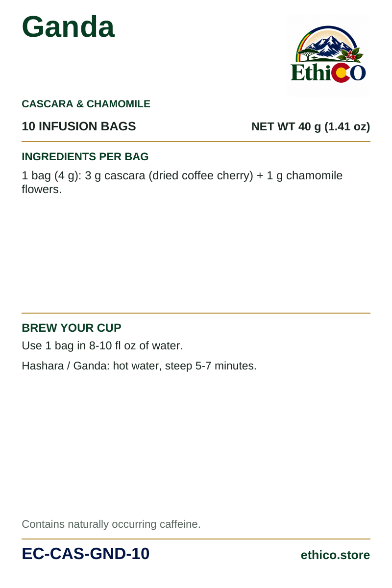 Ganda back label: 10 infusion bags, net weight 40 g, SKU EC-CAS-GND-10, ingredients and brewing instructions