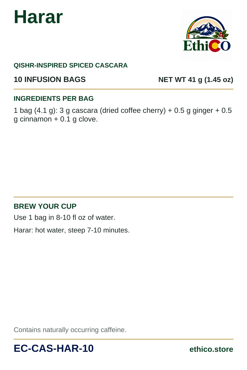 Harar back label: 10 infusion bags, net weight 41 g, SKU EC-CAS-HAR-10, ingredients and brewing instructions