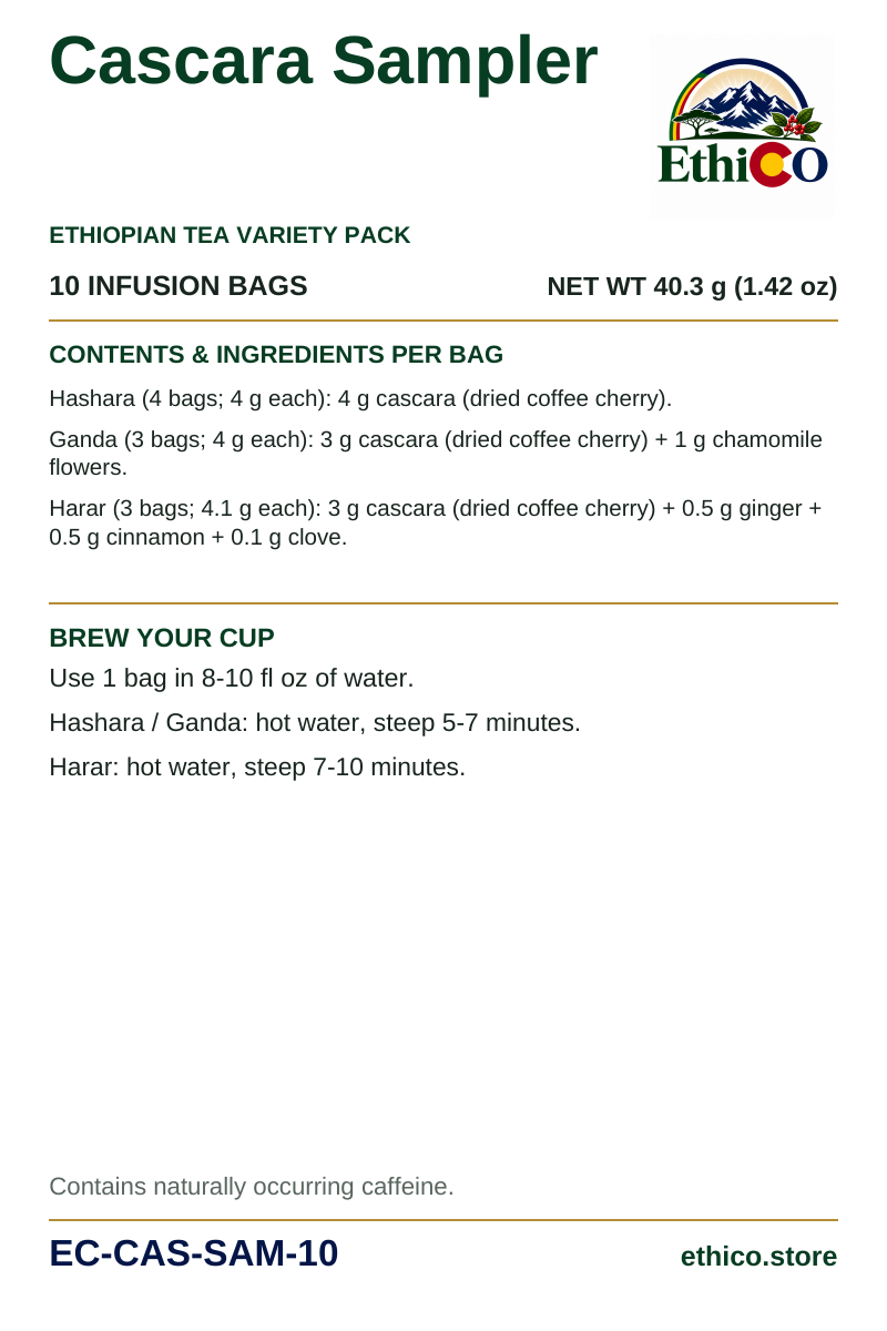 Cascara Sampler back label: 10 infusion bags, net weight 40.3 g, SKU EC-CAS-SAM-10, ingredients and brewing instructions