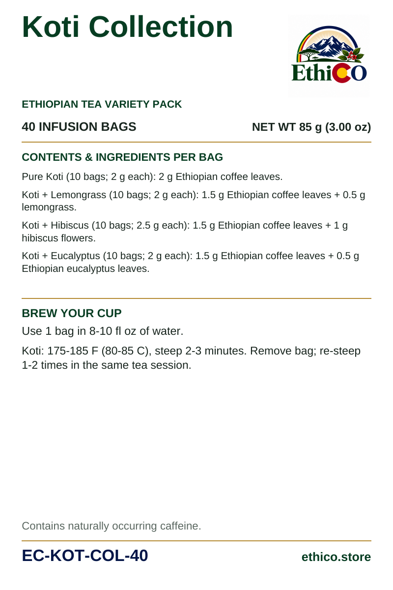 Koti Collection back label: 40 infusion bags, net weight 85 g, SKU EC-KOT-COL-40, ingredients and brewing instructions
