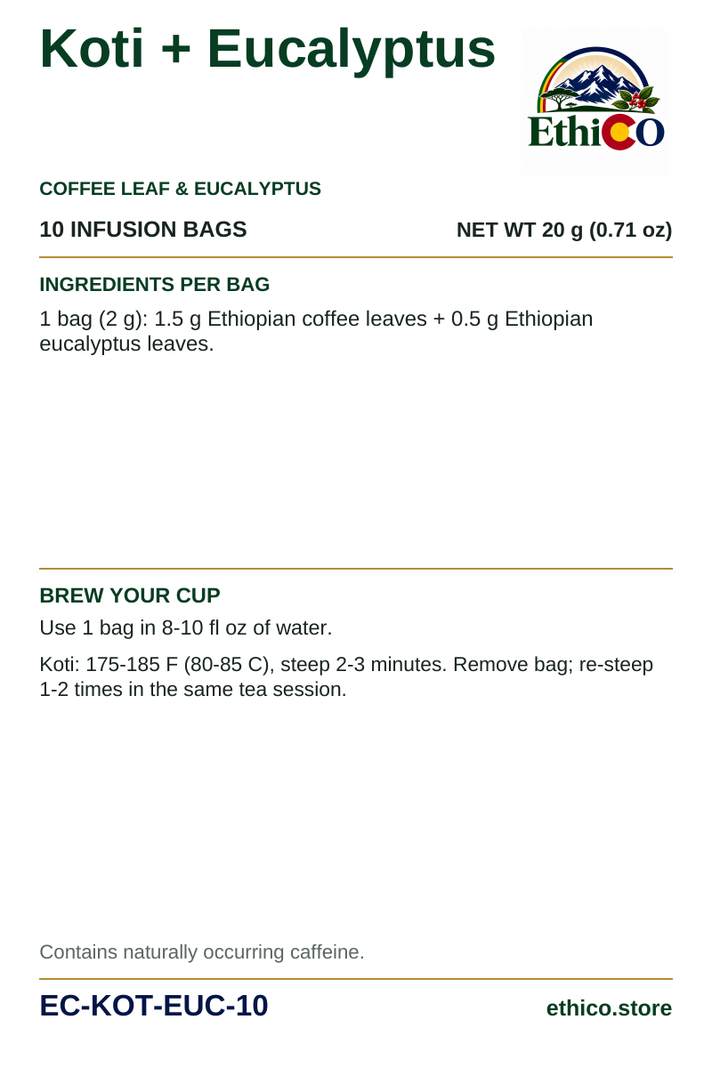 Koti + Eucalyptus back label: 10 infusion bags, net weight 20 g, SKU EC-KOT-EUC-10, ingredients and brewing instructions