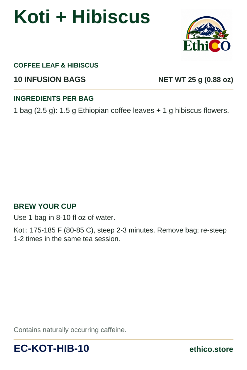 Koti + Hibiscus back label: 10 infusion bags, net weight 25 g, SKU EC-KOT-HIB-10, ingredients and brewing instructions