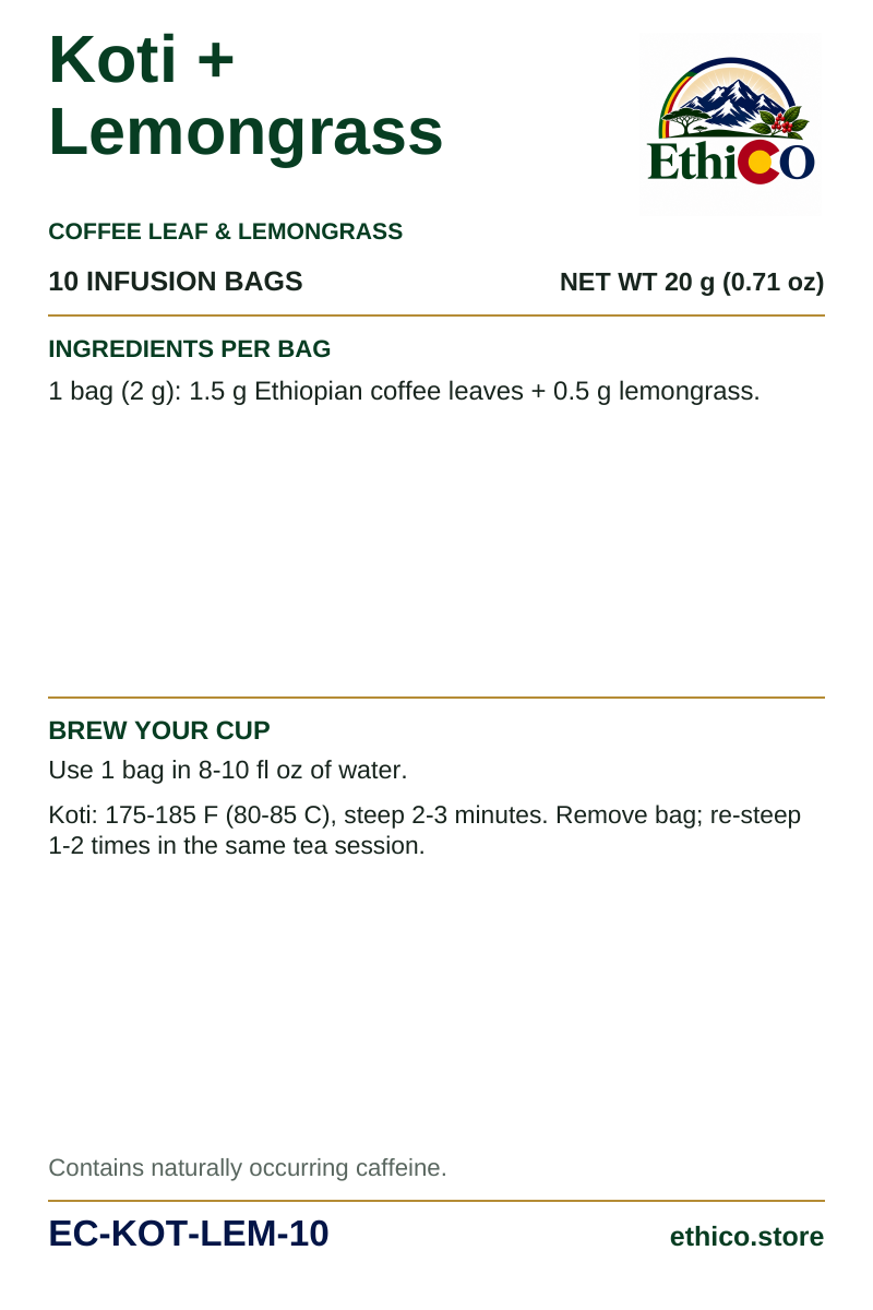 Koti + Lemongrass back label: 10 infusion bags, net weight 20 g, SKU EC-KOT-LEM-10, ingredients and brewing instructions