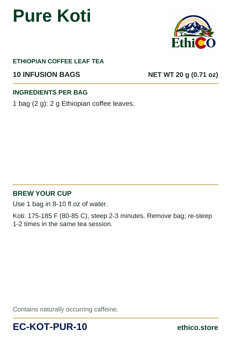 Pure Koti back label: 10 infusion bags, net weight 20 g, SKU EC-KOT-PUR-10, ingredients and brewing instructions