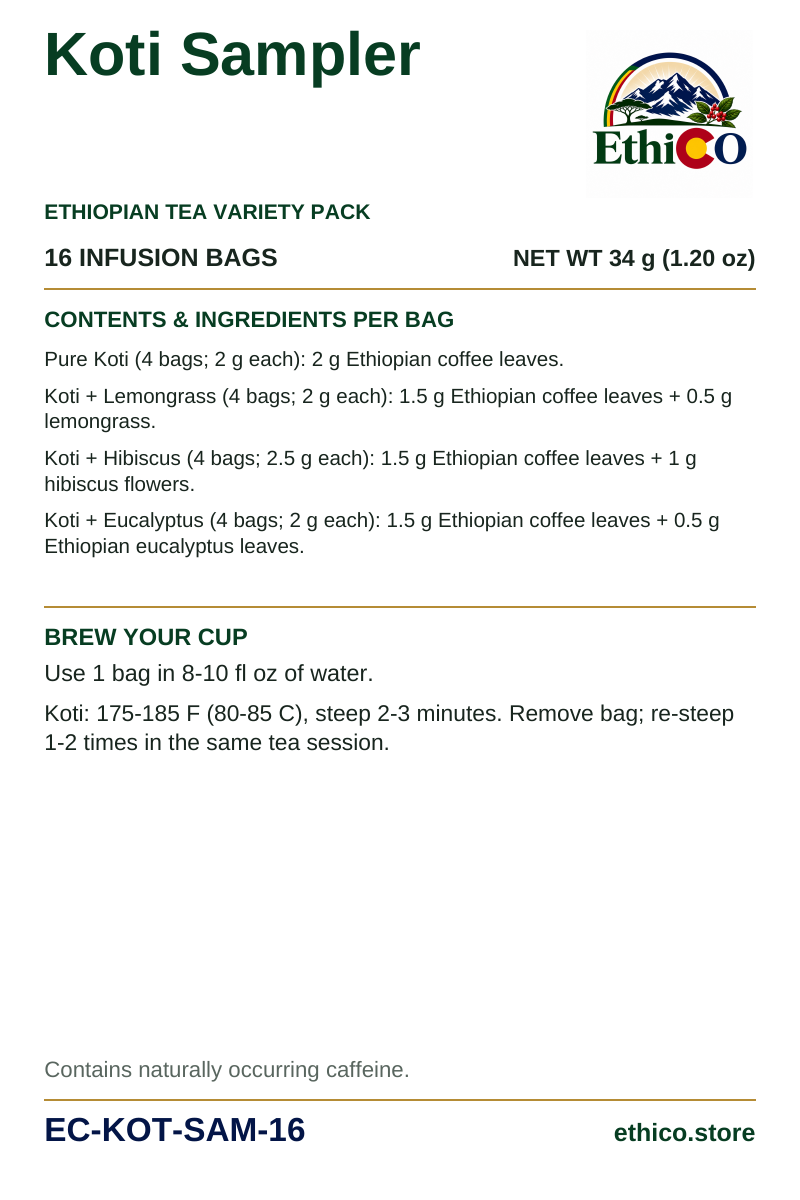 Koti Sampler back label: 16 infusion bags, net weight 34 g, SKU EC-KOT-SAM-16, ingredients and brewing instructions