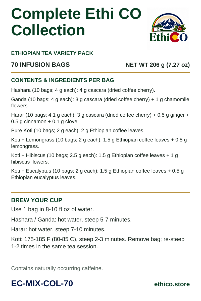Complete Ethi CO Collection back label: 70 infusion bags, net weight 206 g, SKU EC-MIX-COL-70, ingredients and brewing instructions