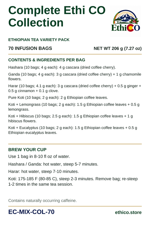 Complete Ethi CO Collection back label: 70 infusion bags, net weight 206 g, SKU EC-MIX-COL-70, ingredients and brewing instructions