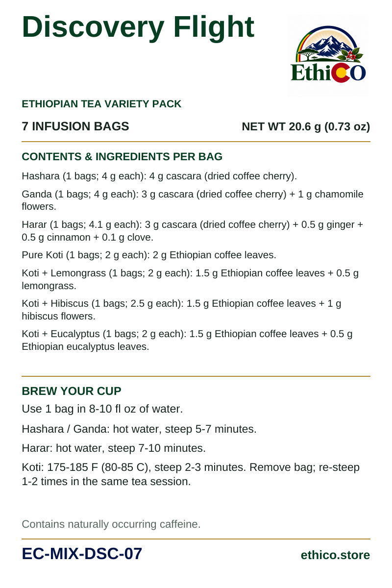 Discovery Flight back label: 7 infusion bags, net weight 20.6 g, SKU EC-MIX-DSC-07, ingredients and brewing instructions