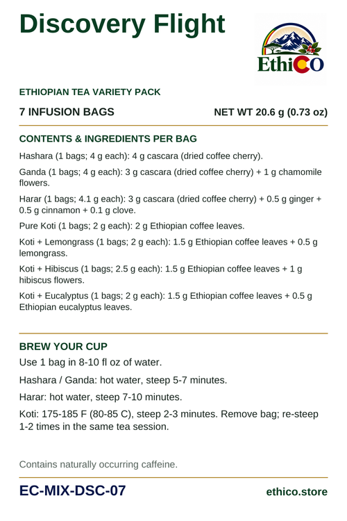 Discovery Flight back label: 7 infusion bags, net weight 20.6 g, SKU EC-MIX-DSC-07, ingredients and brewing instructions
