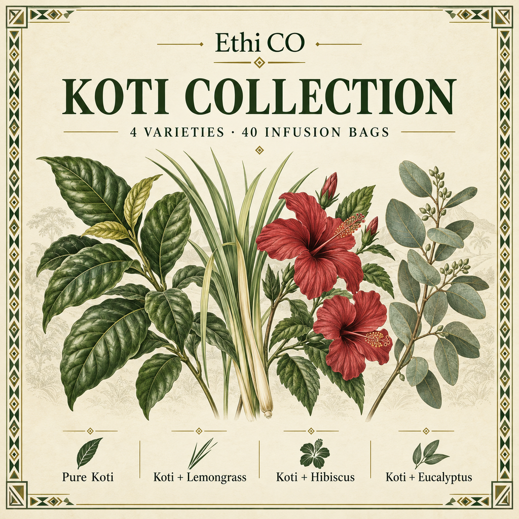 Ethi CO Koti Collection botanical illustration: Pure Koti, lemongrass, hibiscus and eucalyptus; 4 varieties, 40 infusion bags.