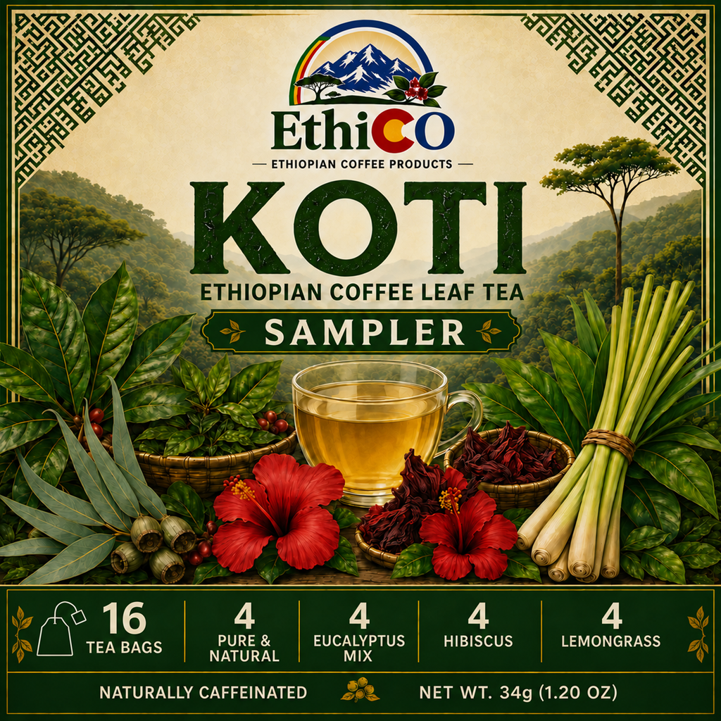 Koti Sampler front label, 16 bags, net weight 34 g (1.20 oz)
