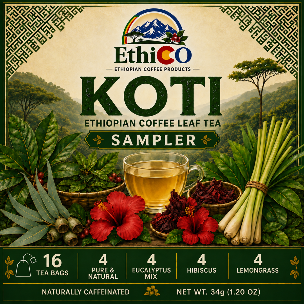 Koti Sampler front label, 16 bags, net weight 34 g (1.20 oz)